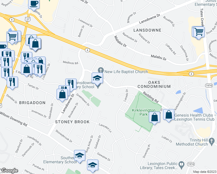 map of restaurants, bars, coffee shops, grocery stores, and more near 340 Redding Road in Lexington