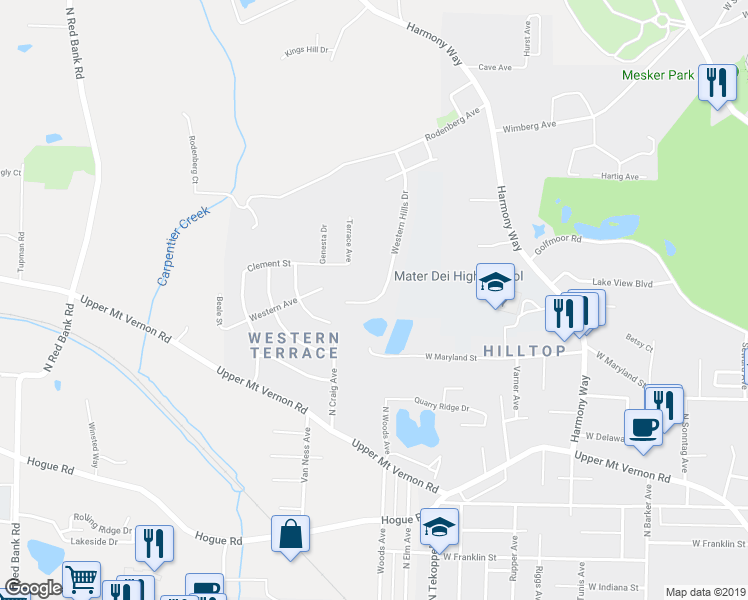 map of restaurants, bars, coffee shops, grocery stores, and more near 1126 Western Hills Drive in Evansville