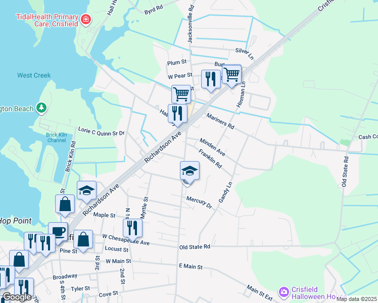 map of restaurants, bars, coffee shops, grocery stores, and more near 242 North Somerset Avenue in Crisfield