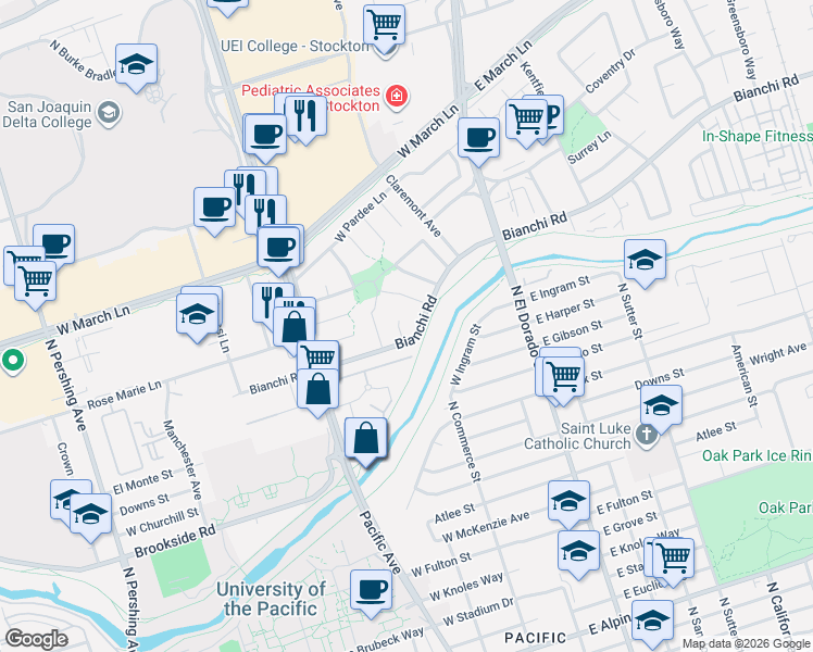map of restaurants, bars, coffee shops, grocery stores, and more near 4412 Bidwell Place in Stockton
