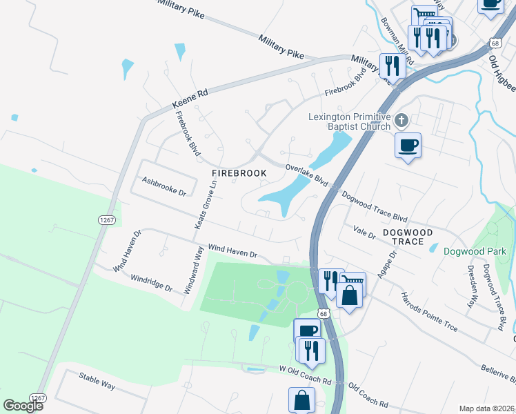 map of restaurants, bars, coffee shops, grocery stores, and more near 4840 Waterside Drive in Lexington