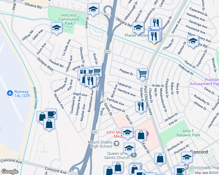 map of restaurants, bars, coffee shops, grocery stores, and more near 2298 Hemlock Avenue in Concord