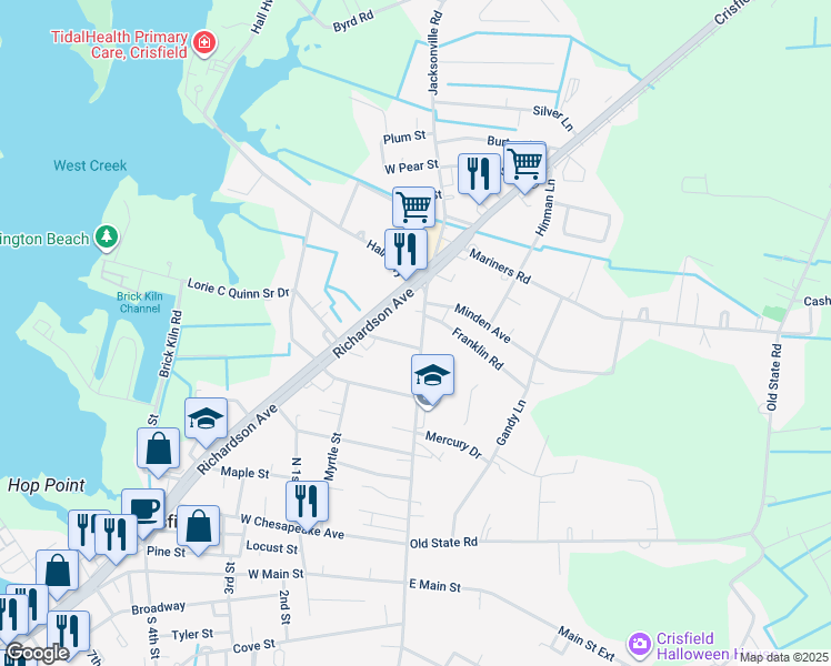 map of restaurants, bars, coffee shops, grocery stores, and more near 243 North Somerset Avenue in Crisfield