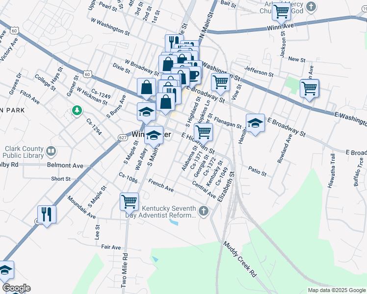 map of restaurants, bars, coffee shops, grocery stores, and more near 229 South Highland Street in Winchester