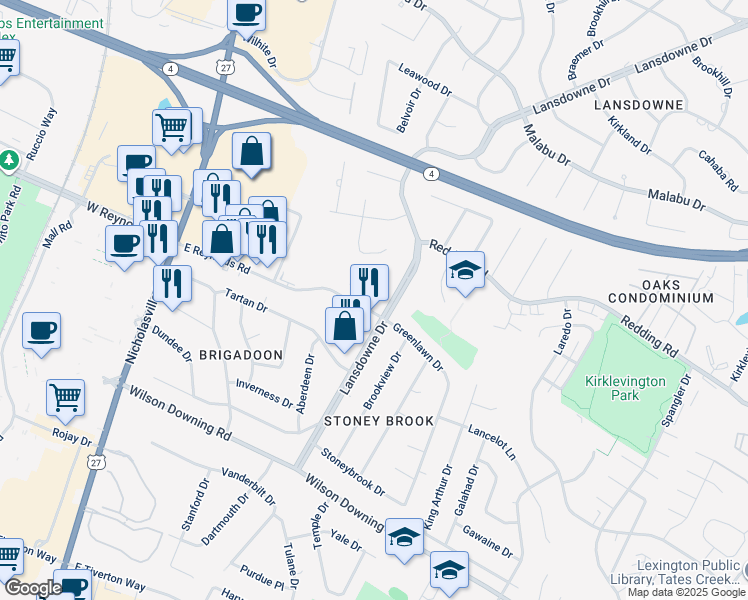 map of restaurants, bars, coffee shops, grocery stores, and more near 3497 Lansdowne Drive in Lexington