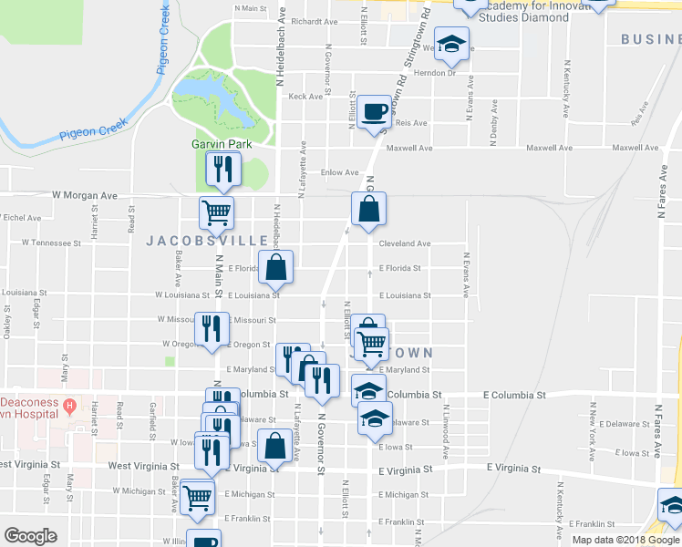 map of restaurants, bars, coffee shops, grocery stores, and more near 1216 North Elliott Street in Evansville