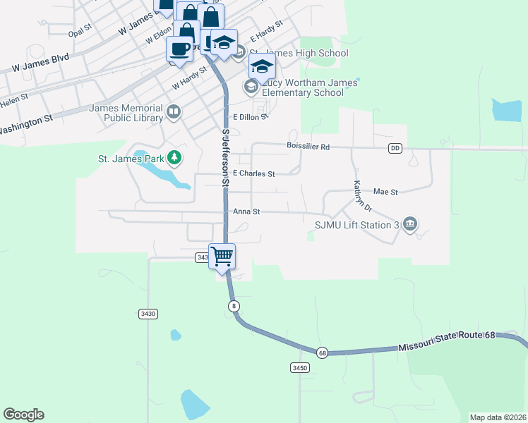 map of restaurants, bars, coffee shops, grocery stores, and more near 208 Anna Street in Saint James