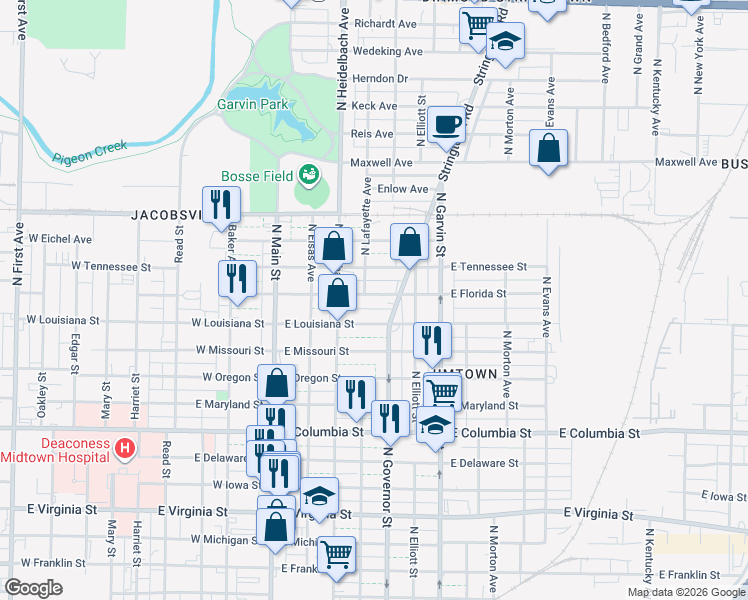map of restaurants, bars, coffee shops, grocery stores, and more near 307 East Florida Street in Evansville