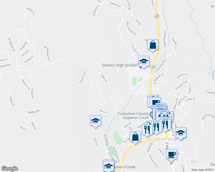 map of restaurants, bars, coffee shops, grocery stores, and more near 482 Snell Street in Sonora