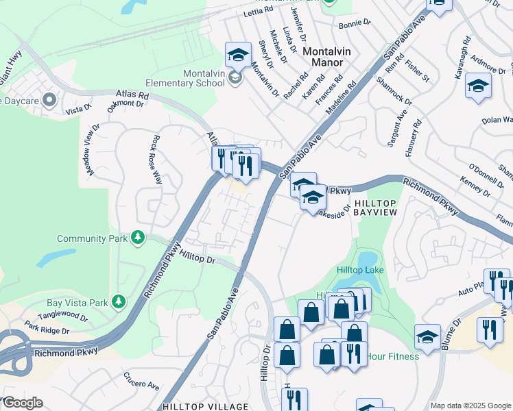 map of restaurants, bars, coffee shops, grocery stores, and more near 1075 Newcastle Court in Richmond