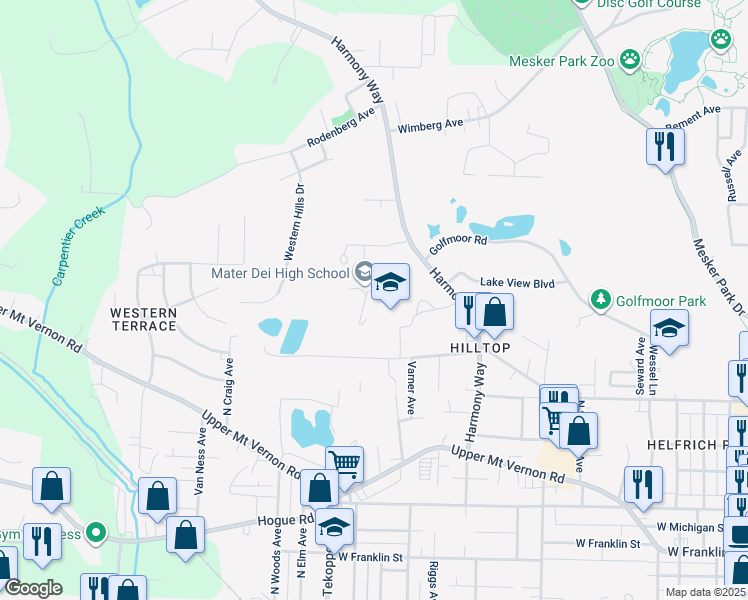 map of restaurants, bars, coffee shops, grocery stores, and more near 1300 Harmony Way in Evansville