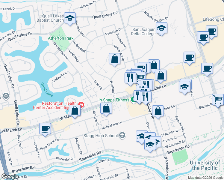 map of restaurants, bars, coffee shops, grocery stores, and more near 1617 St Marks Plaza in Stockton