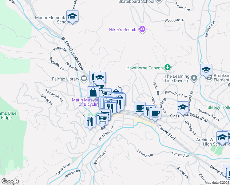 map of restaurants, bars, coffee shops, grocery stores, and more near 57 Taylor Drive in Fairfax