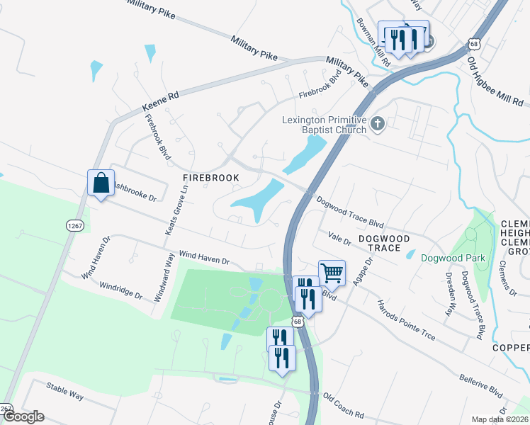 map of restaurants, bars, coffee shops, grocery stores, and more near 4856 Waterside Drive in Lexington