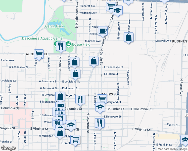 map of restaurants, bars, coffee shops, grocery stores, and more near 1220 North Elliott Street in Evansville