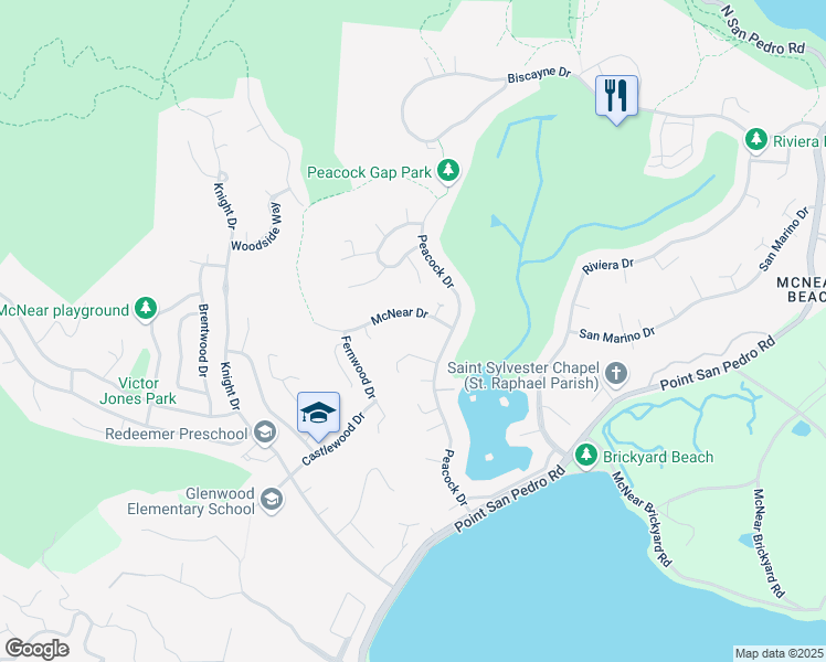 map of restaurants, bars, coffee shops, grocery stores, and more near 23 McNear Drive in San Rafael