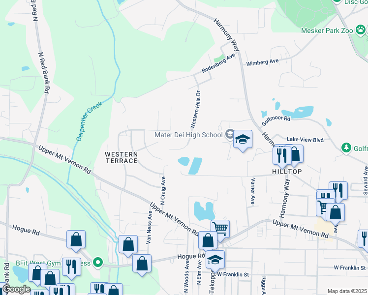 map of restaurants, bars, coffee shops, grocery stores, and more near 1124 Western Hills Drive in Evansville