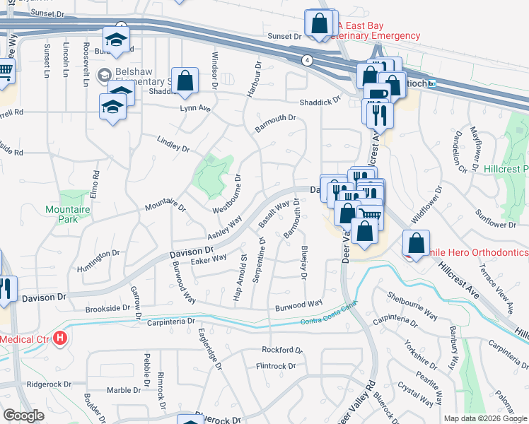 map of restaurants, bars, coffee shops, grocery stores, and more near 817 Basalt Way in Antioch