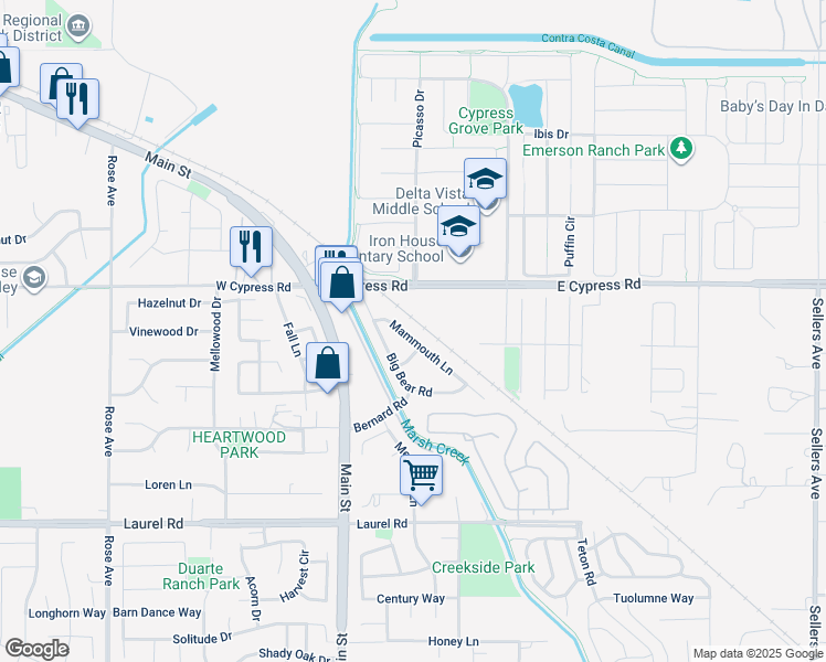 map of restaurants, bars, coffee shops, grocery stores, and more near 4673 Mammouth Lane in Oakley