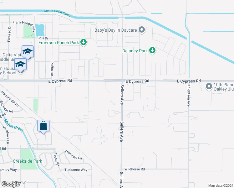 map of restaurants, bars, coffee shops, grocery stores, and more near 6381 Sellers Avenue in Oakley