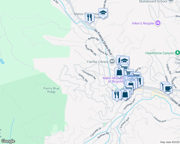 map of restaurants, bars, coffee shops, grocery stores, and more near 137 Tamalpais Road in Fairfax