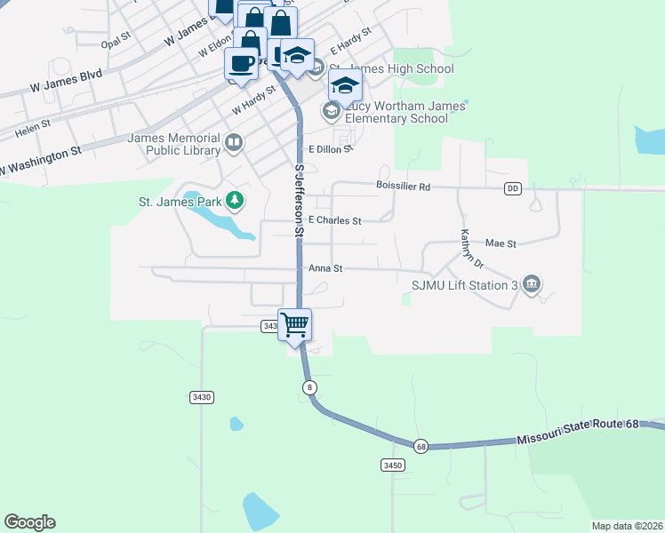 map of restaurants, bars, coffee shops, grocery stores, and more near 200 Anna Street in Saint James