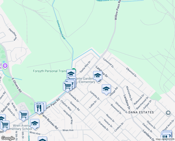 map of restaurants, bars, coffee shops, grocery stores, and more near 3767 Willow Pass Road in Concord