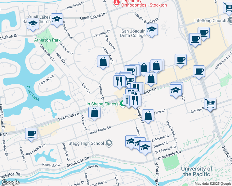 map of restaurants, bars, coffee shops, grocery stores, and more near 150 Saint Marks Plaza in Stockton