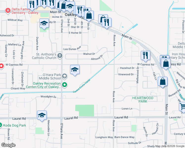 map of restaurants, bars, coffee shops, grocery stores, and more near 25 Christine Lane in Oakley