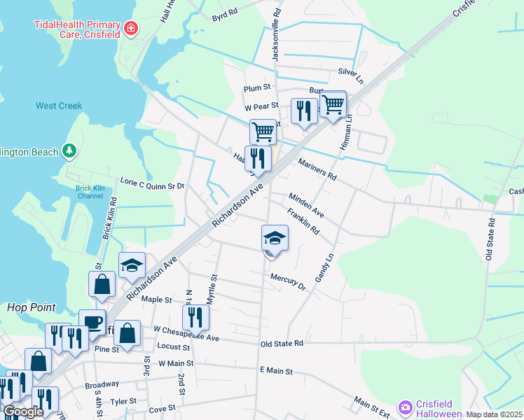 map of restaurants, bars, coffee shops, grocery stores, and more near 243 North Somerset Avenue in Crisfield