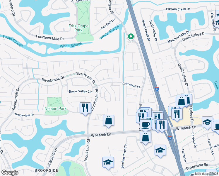 map of restaurants, bars, coffee shops, grocery stores, and more near 3326 Amberfield Circle in Stockton