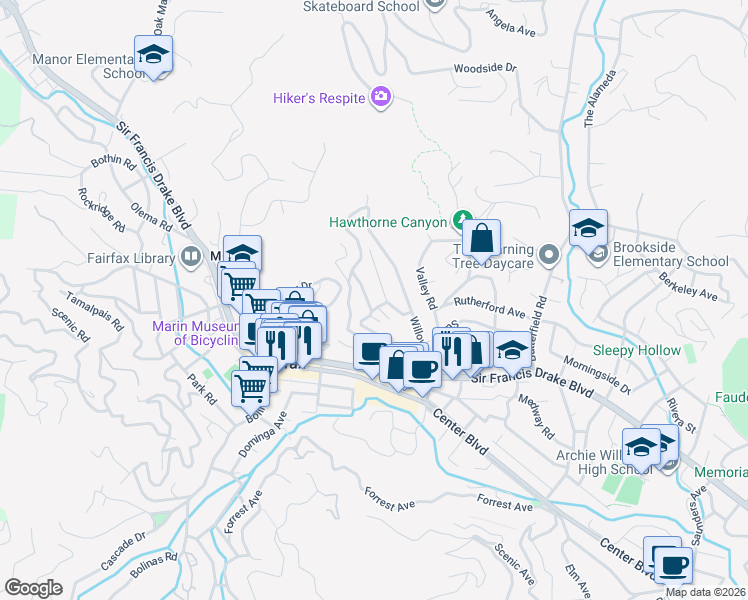 map of restaurants, bars, coffee shops, grocery stores, and more near 8 Live Oak Avenue in Fairfax