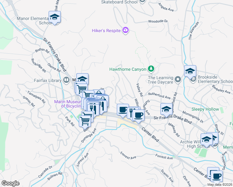 map of restaurants, bars, coffee shops, grocery stores, and more near 183 Ridgeway Avenue in Fairfax