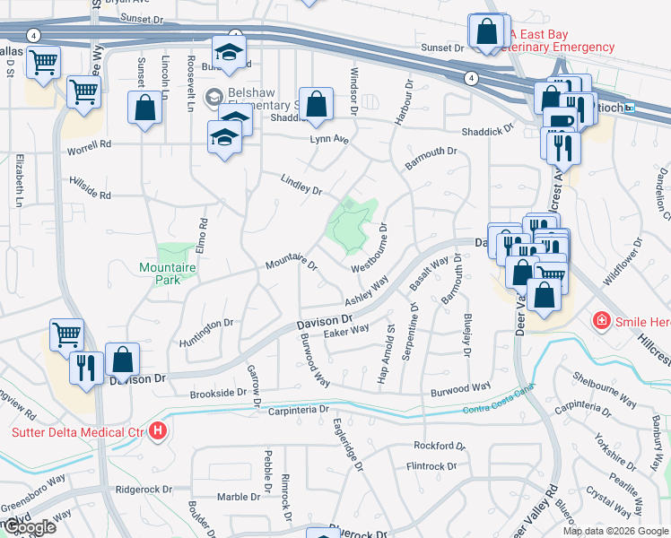 map of restaurants, bars, coffee shops, grocery stores, and more near 3218 Westbourne Drive in Antioch