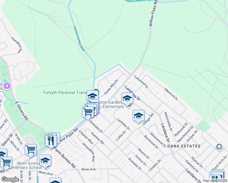map of restaurants, bars, coffee shops, grocery stores, and more near 3773 Willow Pass Road in Concord