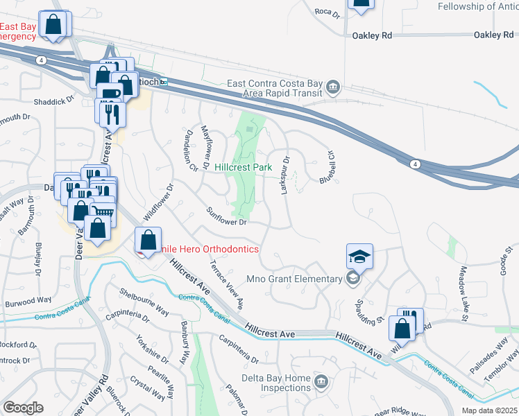 map of restaurants, bars, coffee shops, grocery stores, and more near 2904 Bellflower Court in Antioch