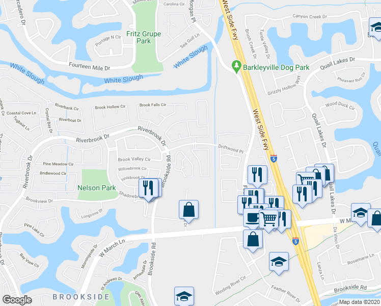 map of restaurants, bars, coffee shops, grocery stores, and more near 3326 Amberfield Circle in Stockton