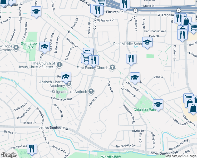 map of restaurants, bars, coffee shops, grocery stores, and more near 2800 Longview Road in Antioch