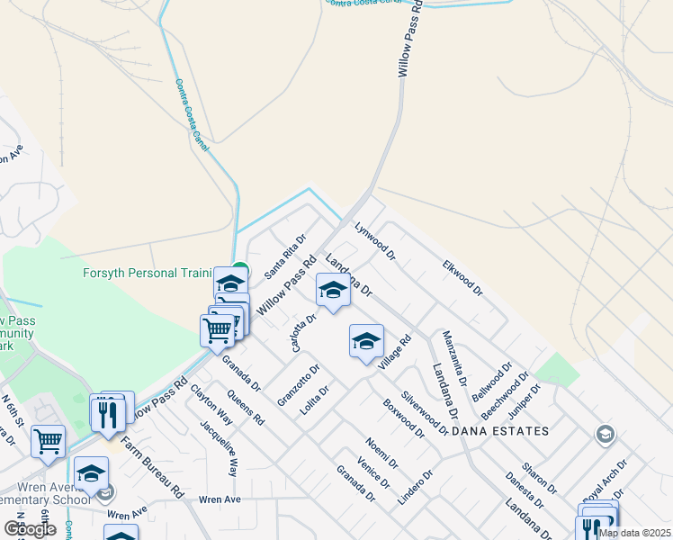 map of restaurants, bars, coffee shops, grocery stores, and more near 3820 Willow Pass Road in Concord