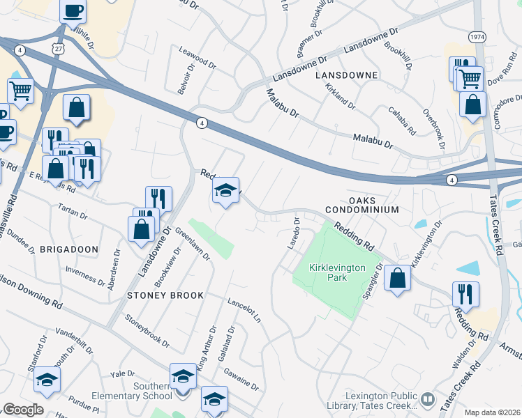 map of restaurants, bars, coffee shops, grocery stores, and more near 3500 Warwick Drive in Lexington