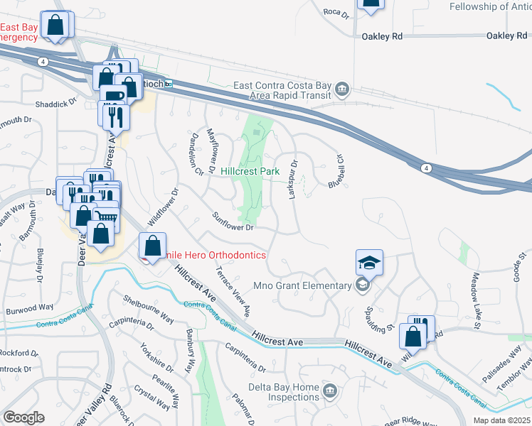map of restaurants, bars, coffee shops, grocery stores, and more near 2904 Bellflower Court in Antioch