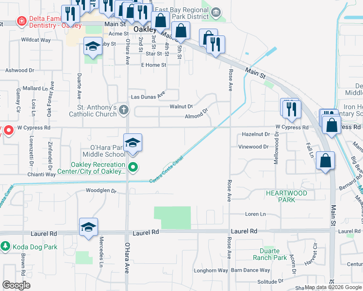 map of restaurants, bars, coffee shops, grocery stores, and more near 26 Christine Lane in Oakley