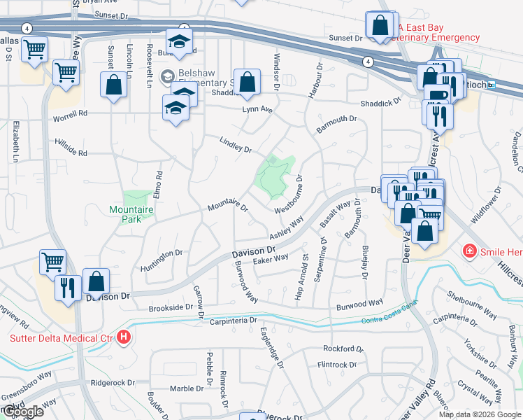 map of restaurants, bars, coffee shops, grocery stores, and more near 3218 Westbourne Drive in Antioch