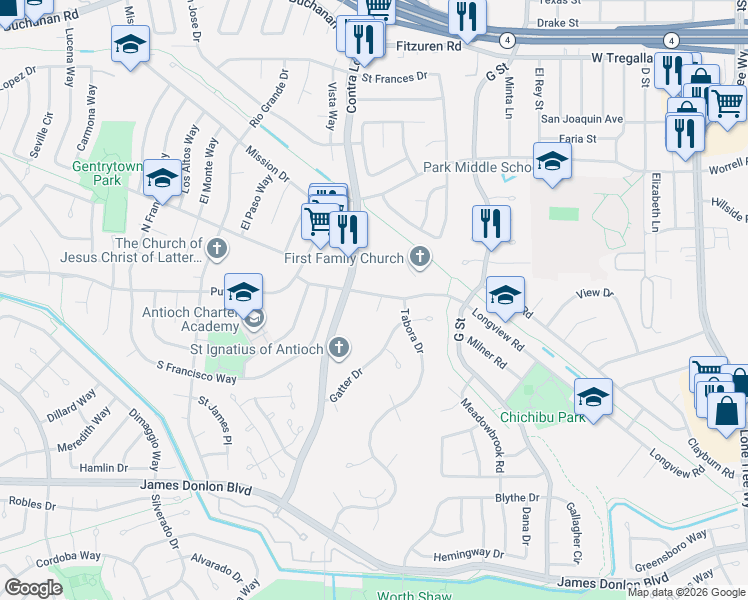 map of restaurants, bars, coffee shops, grocery stores, and more near 205 Tanganyka Court in Antioch
