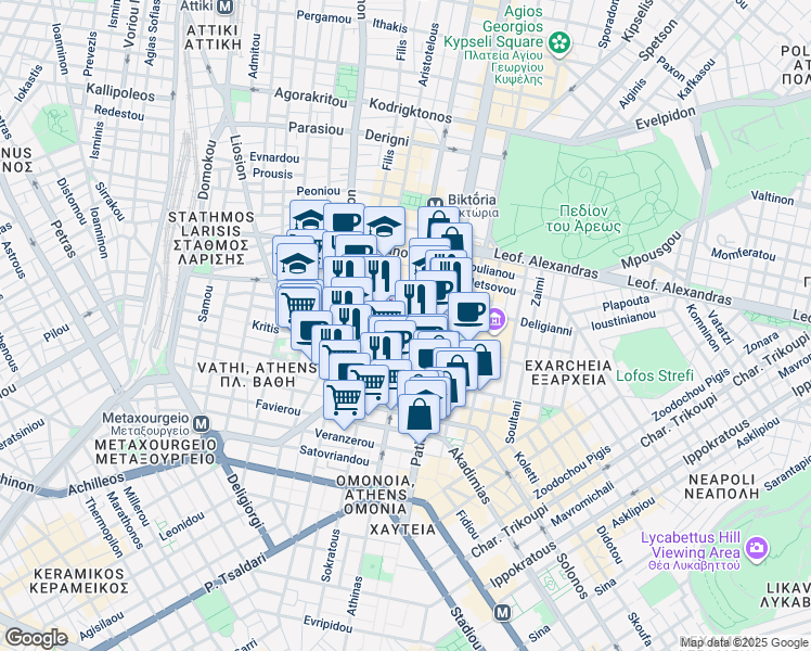 map of restaurants, bars, coffee shops, grocery stores, and more near in Athens