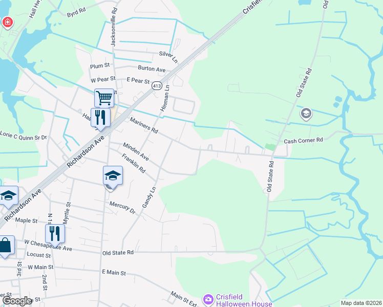 map of restaurants, bars, coffee shops, grocery stores, and more near 26517 Mariners Road in Crisfield