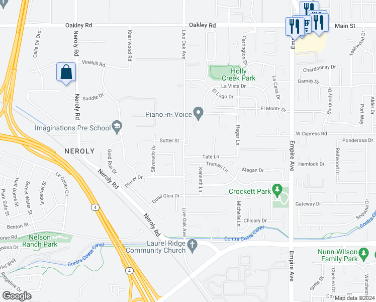 map of restaurants, bars, coffee shops, grocery stores, and more near 4430 Live Oak Avenue in Oakley