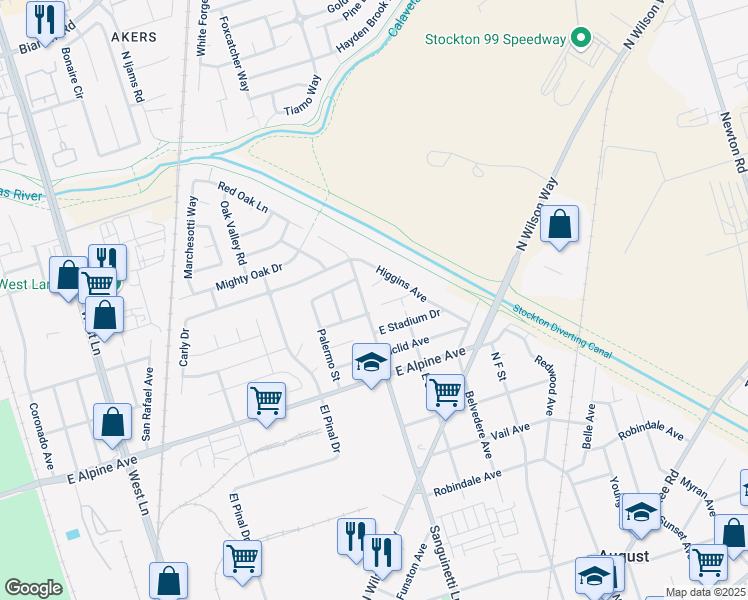 map of restaurants, bars, coffee shops, grocery stores, and more near 2213 Country Oak Lane in Stockton