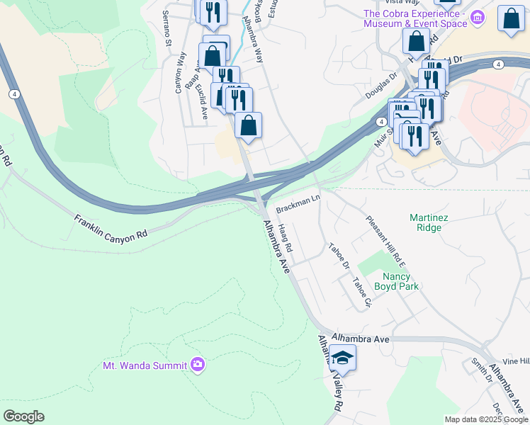 map of restaurants, bars, coffee shops, grocery stores, and more near Alhambra Ave & Franklin Canyon Rd in Martinez