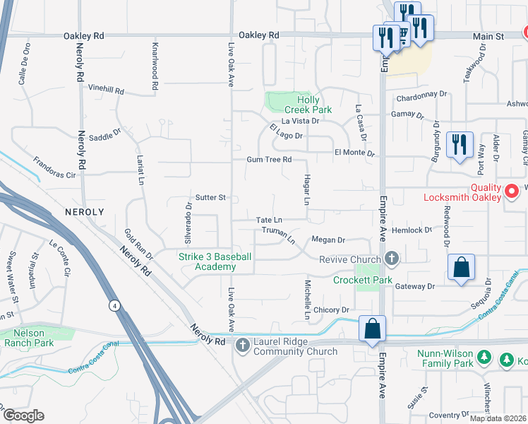 map of restaurants, bars, coffee shops, grocery stores, and more near 400 Tate Lane in Oakley